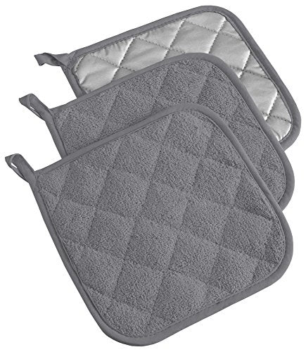 DII Design Basic Terry Collection Quilted 100% Cotton, Potholder, Gray, 3 Piece