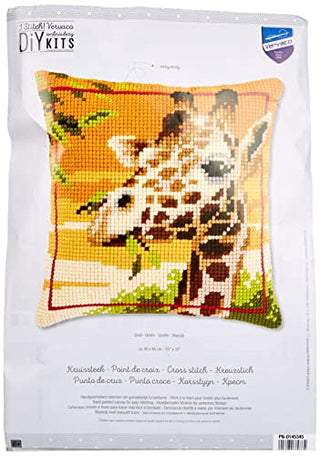 Vervaco Cross Stitch Embroidery Kits Pillow Front for Self-Embroidery with Embroidery Pattern on 100% Cotton and Embroidery Thread, 15,75 x 15,75 Inches - 40 x 40 cm, Giraffe