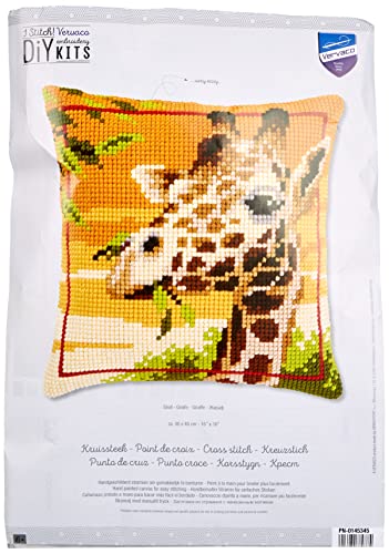 Vervaco Cross Stitch Embroidery Kits Pillow Front for Self-Embroidery with Embroidery Pattern on 100% Cotton and Embroidery Thread, 15,75 x 15,75 Inches - 40 x 40 cm, Giraffe