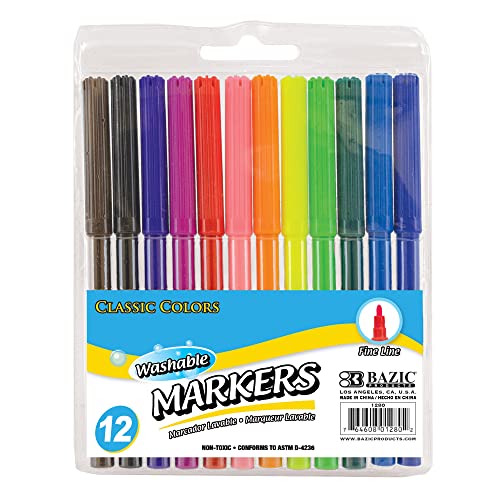 BAZIC Washable Markers Fine Line 12 Color, Thin Tip Coloring Marker, Non Toxic Marcadorc Art School Supplies, Drawing Gift for Kids (12/Pack), 1-Pack