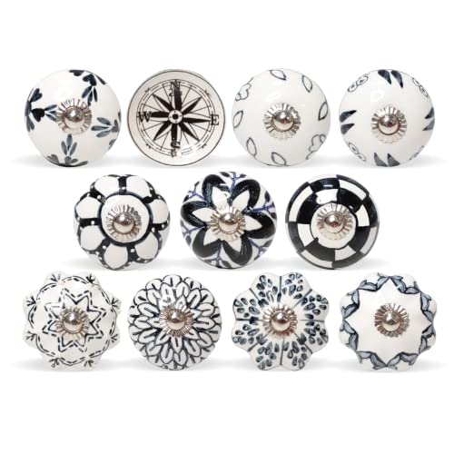 Hashcart Ceramic Black & White Decorative Knobs for Cabinet Dresser Drawer || Antique Floral Hand Painted Cupboard Pull Knobs || { Set of 11 }
