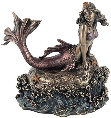 Unicorn Studio 6.25 Inch Mermaid Laying on Rock Decorative Trinket Box, Bronze Color