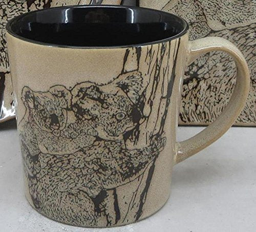 KRZH 16 Ounce Koala Bear and Baby Embellished Coffee Mug, Beige and Black