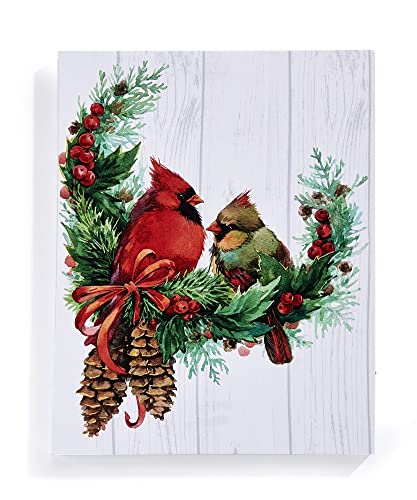 Giftcraft 682371 Christmas LED Canvas Print, Cardinals and Wreath, 0.59 inch, Medium Density Fiberboard and Canvas