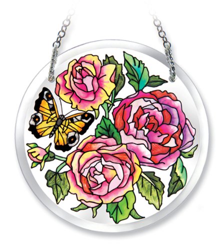 Amia Hand-Painted Beveled Glass Butterfly and Roses Suncatcher, 4-1/2-Inch