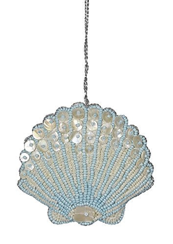 HS Seashells The Seashell Company Nautical Christmas Decor Ornaments, Bead & Mother of Pearl Handmade Scallop 4" (Blue/Cream), Coastal Beach Holidays Decoration