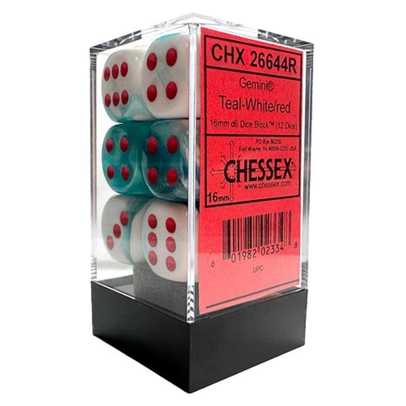 DND Dice Set-Chessex D&D Dice-16mm Gemini White, Teal, and Red Plastic Polyhedral Dice Set-Dungeons and Dragons Dice Includes 12 Dice – D6