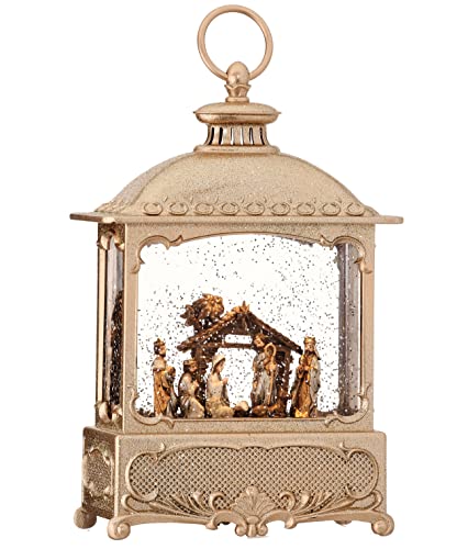 Regency International Nativity Square Lantern Globe, 12 inches, Champagne Gold, Led Lights, USB or Battery Operated with Timer