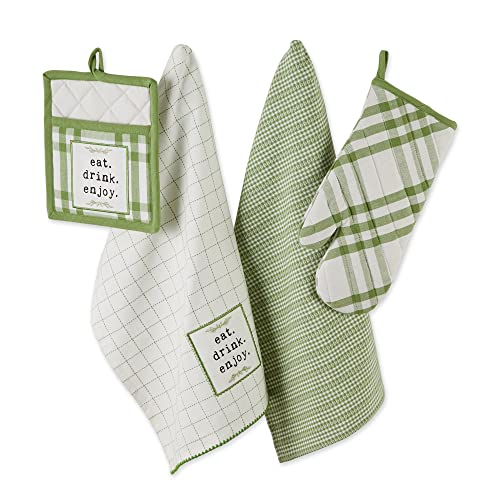 DII Design Home Sweet Farmhouse Kitchen Collection, Potholder/Oven Mitt/Dishtowel Set, Antique Green, 4 Count