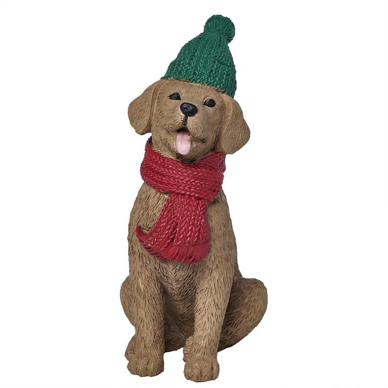 Blossom Bucket Brown Dog with Green Hat and Red Scarf