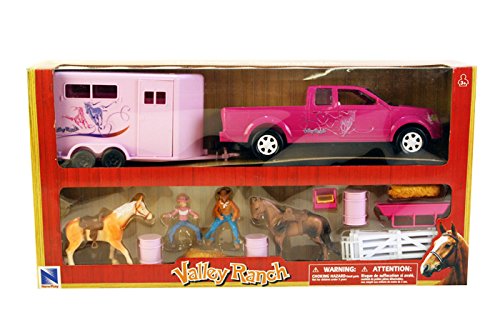 New Ray Toys Pink Pick Up Truck & Trailer Horse Set