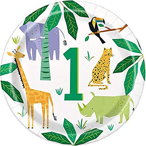 Unique Industries Animal Safari 1st Birthday Round Dinner Plates I Disposable I 8 Pcs.