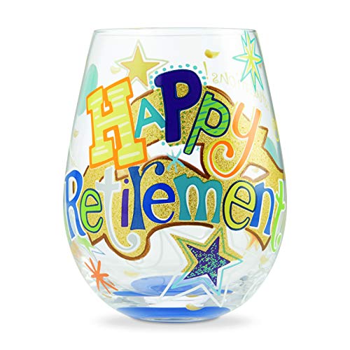 Enesco 6006303 Designs by Lolita Happy Retirement Hand-Painted Artisan Stemless Wine Glass, 20 Ounce, Multicolor