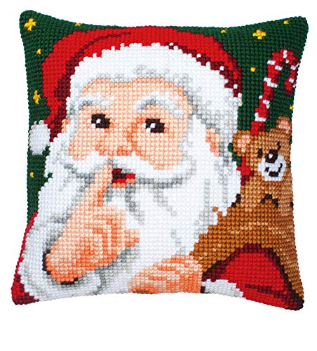 Vervaco Cross Stitch Christmas Embroidery Kits Pillow Front for Self-Embroidery with Embroidery Pattern on 100% Cotton, 15,75 x 15,75 Inches - 40 x 40 cm, Santa Hush