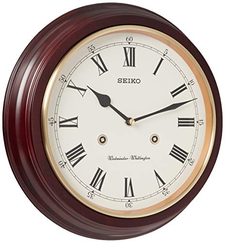 Seiko Round Wood Grain Finish Wall Clock with Dual Quarter Hour Chimes, Brown