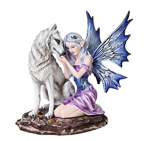 Pacific Trading PTC 6.75 Inch Blue Winged Fairy with White Wolf Resin Statue Figurine