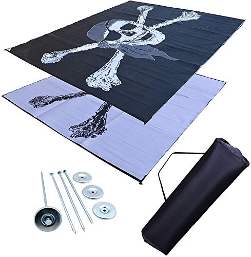 EZ Travel Distribution Professional EZ Travel Collection Reversible RV Outdoor Rug for Backyards, Beaches, Camping Grounds, Patios, and More, Storage Bag and Mat Stakes Included, Black/White/Pirate (9x18)