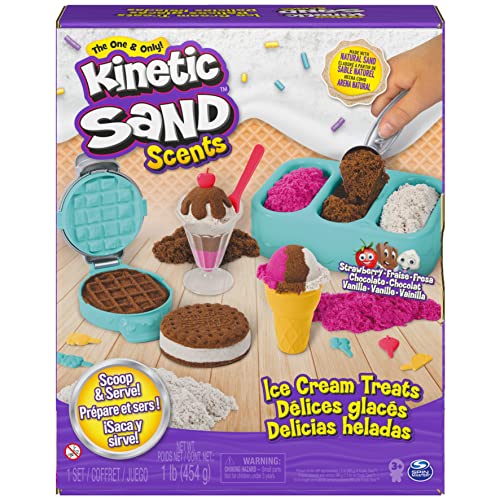 Spin Master Kinetic Sand Scents, Ice Cream Treats Playset with 3 Colors of All-Natural Scented Sand and 6 Serving Tools