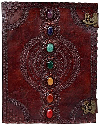 TUZECH Seven Chakra Medieval Stone Embossed Handmade Jumbo Leather Journal Book of Shadows Notebook Office Diary College Poetry Sketch (Brown, 10 x 7 Inches)