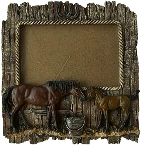 Comfy Hour Western Retro Collection Wild  Rustic Wood Imitated Double Horse 6" x 4" Photo Picture Frame, Aged Old Fashioned - Brown, Polyresin