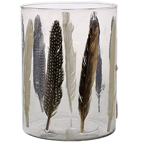 HomArt Large Enameled Feather Hurricane Candleholder, 8-inch Height, Feather and Glass