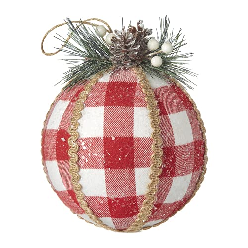 RAZ Imports - Red and White Buffalo Plaid Ball Ornament with White Berry Pinecone Decor - 6 Inch
