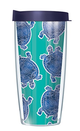 Freeheart Signature Tumblers Paisley Teal Sea Turtles Wrap on Teal 16 Ounce Double-Walled Travel Tumbler Mug with Navy Blue Easy Sip Lid