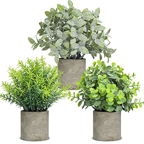 T4U Small Artificial Plants(3PCS), Potted Faux Topiaries Shrubs, Plastic Fake Green Plants in Pot, Eucalyptus for Home Office Desk Bathroom Farmhouse Decoration Indoor Tabletop Centerpiece Gift