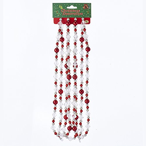 Kurt Adler 9 Plastic Red, Silver & Clear 14mm Round Bead & 14mm Faceted Bead Hand Strung Garland