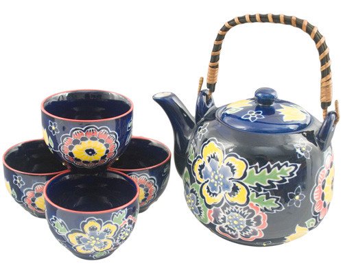 FMC Fuji Merchandise Japanese Botan Peony Flower Tea Set Ceramic Teapot with Rattan Handle and 4 Tea Cups (Blue)