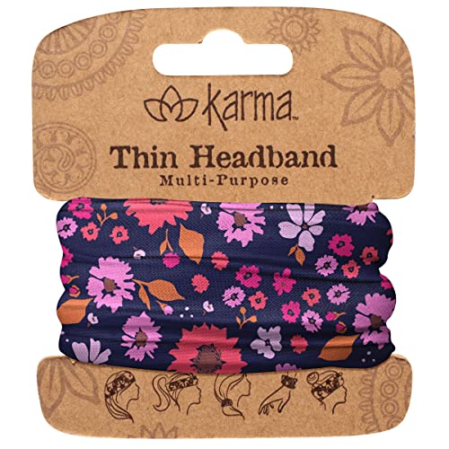 Karma Dark Navy Floral Headband for Women - Thin - Fabric Headband and Stretchy Hair Scarf - Navy Blue/Pink (KA2046)