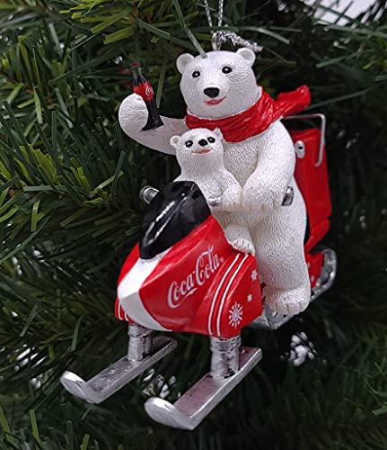 Kurt Adler Coca-Cola Polar Bear With Cub Riding Snow Mobile Ornament