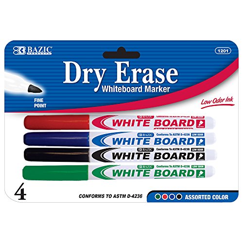 BAZIC Assorted Color Fine Tip Dry-Erase Marker, 4 Per Pack