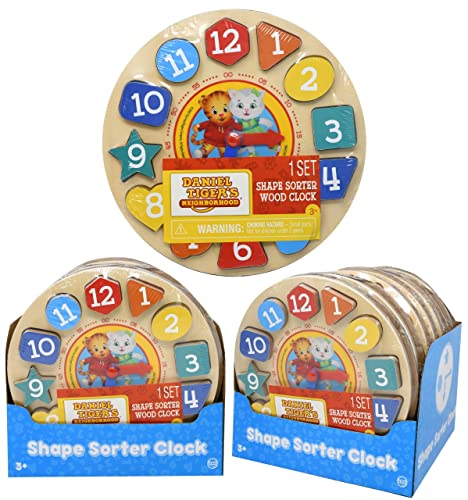 UPD Daniel Tiger Neighborhood Shape Sorter Wood Clock - Wooden Shape Sorting Kids Learning Clock, Fun Shape Sorting Clock Puzzle Toy, Educational Brain Teaser Learning Time Game Teaching Clock for Kids