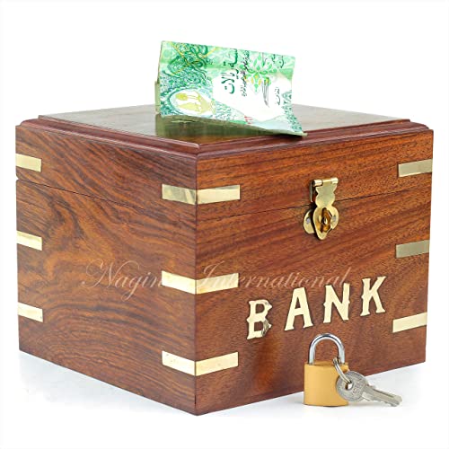 Nagina International Wooden Money Bank Box Square Shaped With Mini Pad Lock | Handcrafted Piggy Bank | Children & Adults Gifts Ideas | Money Saving Coin Box | Brass Inlaid Corners | First Birthday Gifts Ideas