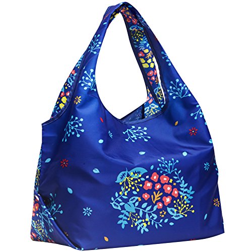Blueberry Pet Joyful Floral Print Lightweight Eco-Friendly Reusable Shopping Bag, Navy Blue, Washable, Pet Parent Must-Have Durable Foldable Grocery Tote Bag and Carryall