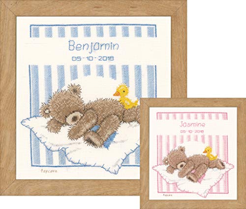 Vervaco Counted Cross Stitch Kit: Birth Record: Popcorn Bear & Souffl√© Duck, 16 x 13cm, N