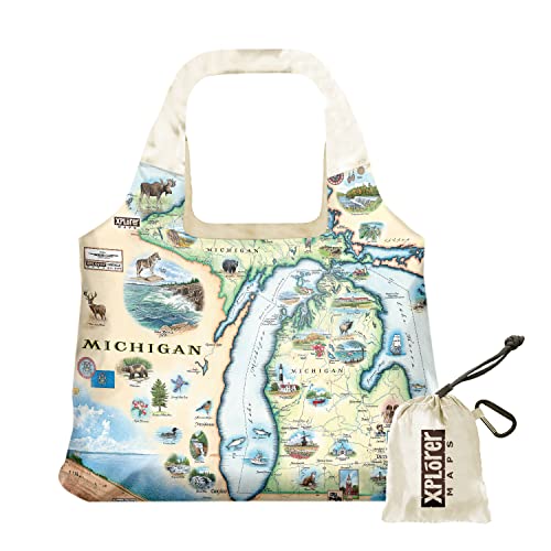 Xplorer Maps Michigan State Map Pouch Tote with Handles - Grocery Shopping Bag - Reusable & Eco-friendly - Foldable Nylon - Heavy Duty Fits in Pocket - 18x25