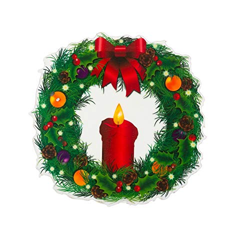 Gerson 45296 Candle Wreath Window Cling with Warm White LED Light, 9.85-inch Length