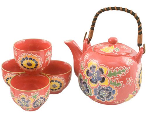 FMC Fuji Merchandise Japanese Botan Peony Flower Tea Set Ceramic Teapot with Rattan Handle and 4 Tea Cups (Red)