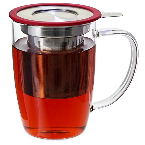 FORLIFE NewLeaf Glass Tea 16-Ounce Mug with Infuser and Lid, Red