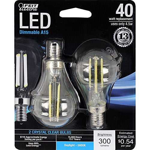 Feit Electric - Decorative Clear Glass Filament LED Dimmable 40W Equivalent Daylight (5000K) Classic A15 Light Bulb, Pack of 2 (BPA1540C/850/LED/2), Candelabra Clear