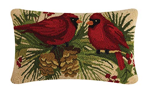 Peking Handicraft  Holly Cardinals Duo Holiday Hook Pillow, 20-inch Length, Wool and Cotton