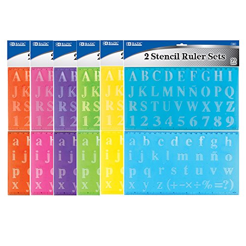 BAZIC 20 mm Transparent Lettering Stencil Ruler Sets, 2 Per Pack, Colors may vary