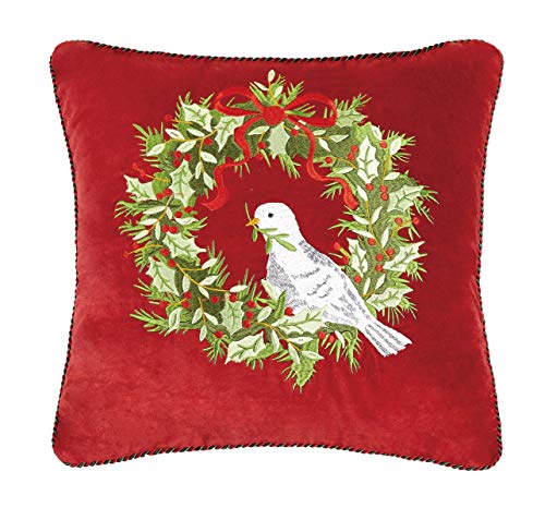 Peking Handicraft 31SJM10049C16SQ Dove on the Wreath Holiday Embroidered Velvet Pillow, 16-inch Square