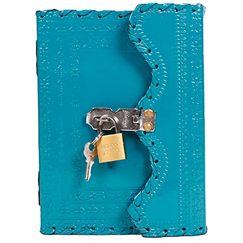 TUZECH Leather Journal for Men and Women Leather Diary to Write Poems,Sketchbook, Record Keeping Notebook Personal Memoir with Lock and Key - Unlined (Skyish Blue)