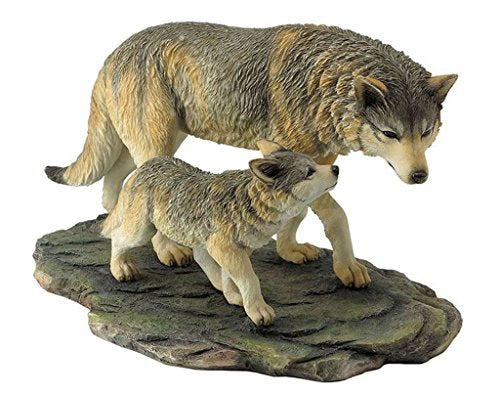 Unicorn Studio US 10.75 Inch Animal Figurine Wolf and Cub Walking Black Ochre White Gray
