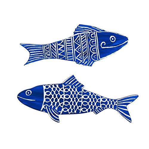 Beachcombers 13"L Set of 2 Blue/White Fish Wood Plaques Nautical Decor