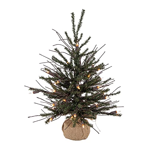 Vickerman 18" Vienna Twig Artificial Christmas Tree, Clear Dura-lit Lights, Seasonal Indoor Home Decor with Decorative Burlap Base