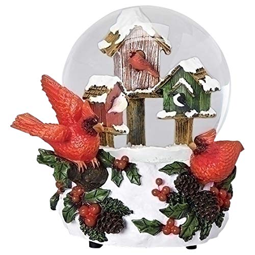 Roman Cardinals with Berries Musical 6 Inch Resin Globe Plays Tune We Wish You A Merry